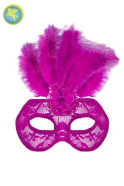 Maschera Merletto Con Piume Fuxia