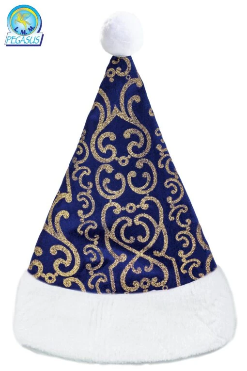 Cappello Babbo Natale Velluto Stampato Blu