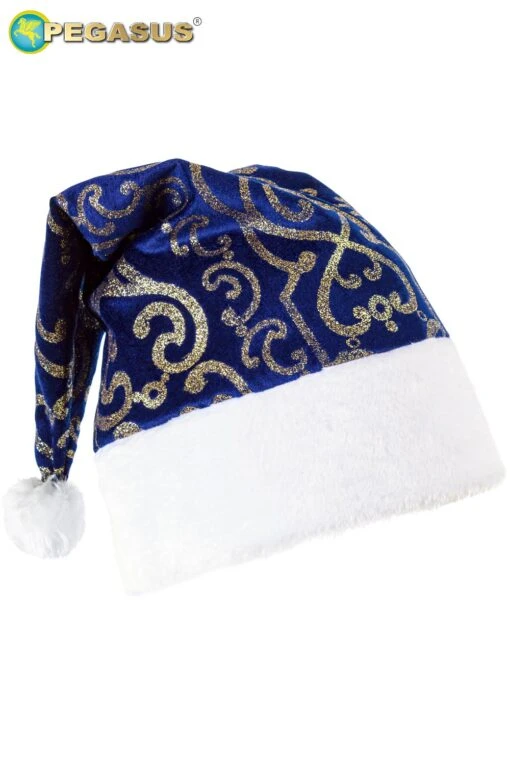 Cappello Babbo Natale Velluto Stampato Blu - Image 2